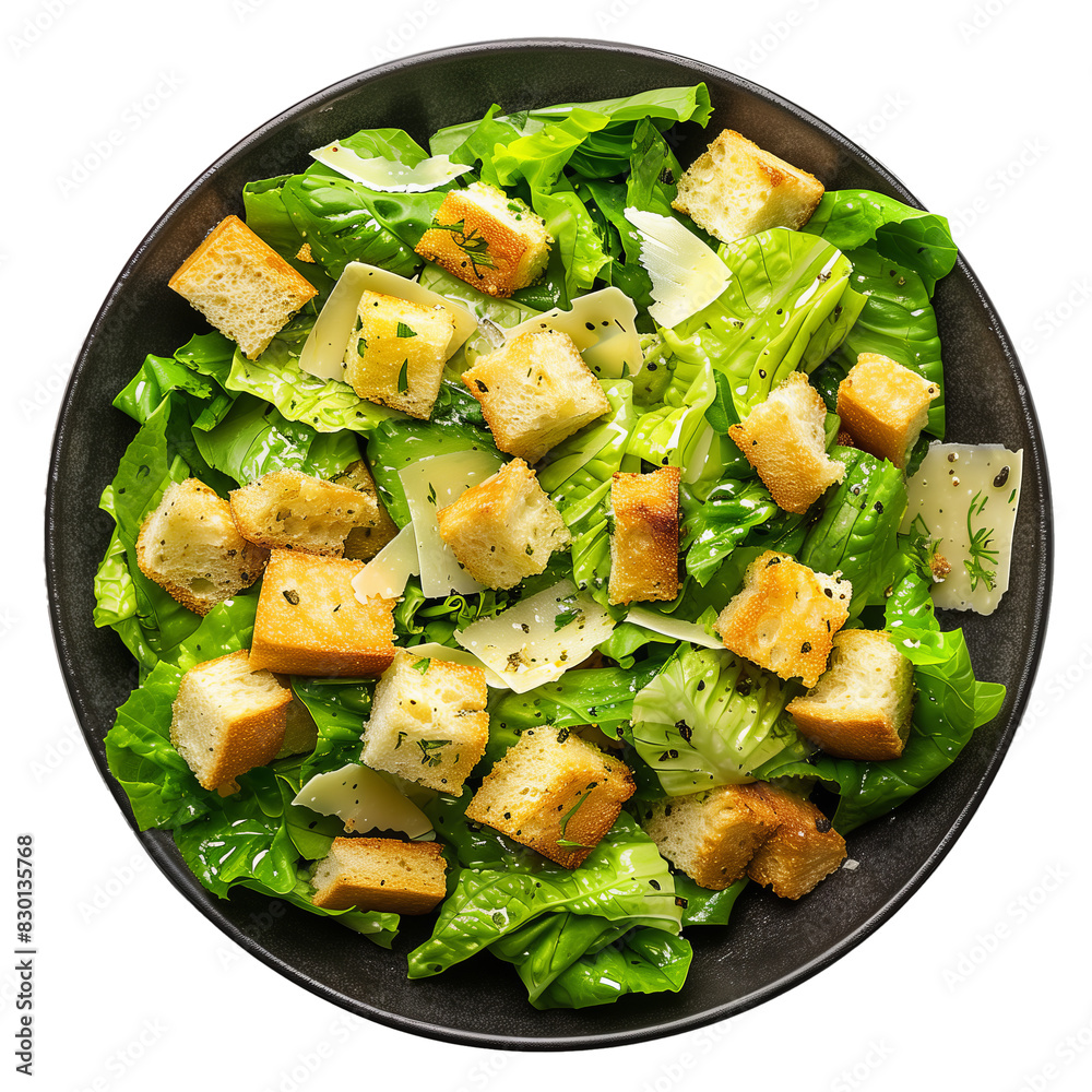 Tasty Caesar's Salad with Croutons in a black plate isolated on transparent background. Cut out Tasty Caesar's Salad with Croutons in a black plate isolated on transparent background. Cut out
