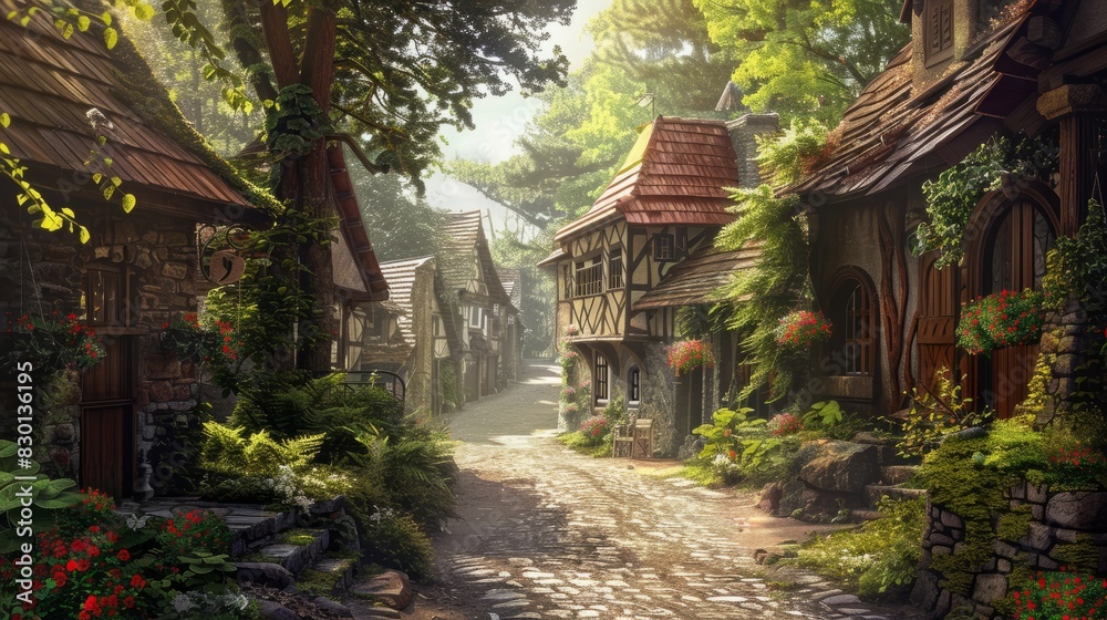A peaceful. village with cozy cottages and winding streets. copy space