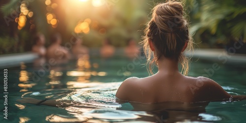 woman back view relax bathing in hot spring pool with nature scenery