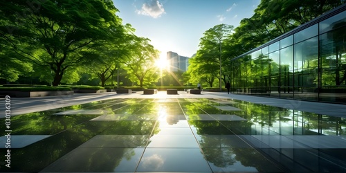 Embodying ESG Principles: The Green Glass Corporate Building's Commitment to Sustainable Business Practices. Concept Sustainability, Green Building, ESG Principles, Corporate Commitment photo