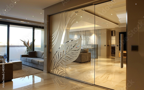 Contemporary glass door with a mirrored finish and subtle etched designs, set against a clean, modern interior.