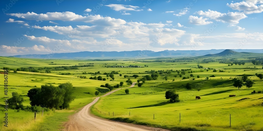 Obraz premium Scenic aerial view of farmland with rolling fields and country road. Concept Nature, Aerial Photography, Rural Landscape, Farmland, Country Road