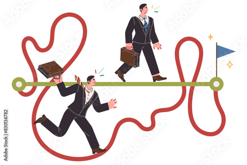 Business people achieve goal using different strategies, taking shortcuts or complicated paths