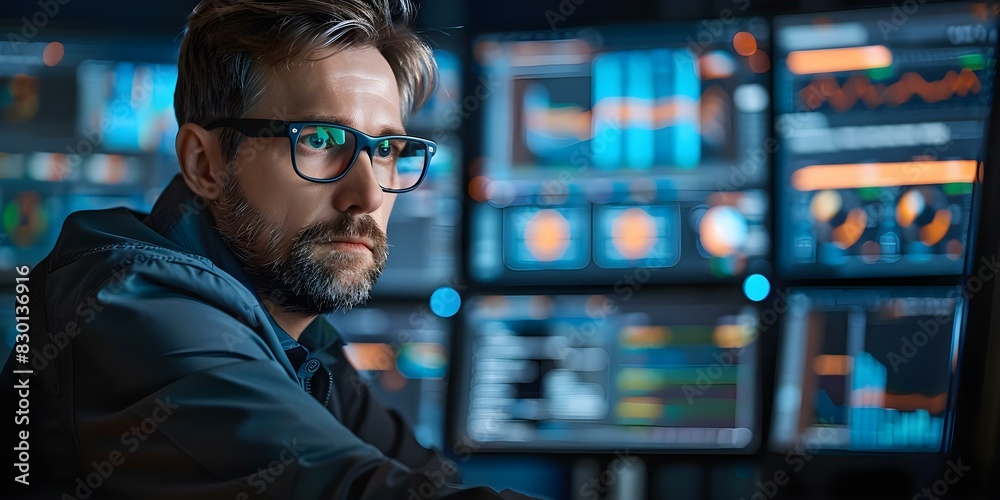 Cyber security specialist working on computer to prevent hacker attacks with colorful monitors in background. Concept Cyber Security, Specialist, Hacker Attacks, Computer, Colorful Monitors, Cyber security specialist working on computer to prevent hacker attacks with colorful monitors in background. Concept Cyber Security, Specialist, Hacker Attacks, Computer, Colorful Monitors,