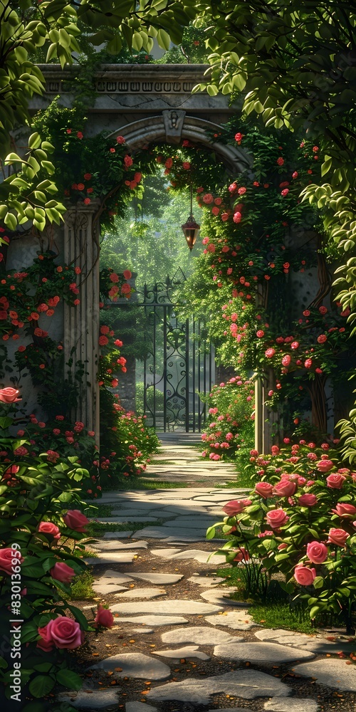 A beautiful garden with a stone archway and pink roses