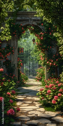 A beautiful garden with a stone archway and pink roses