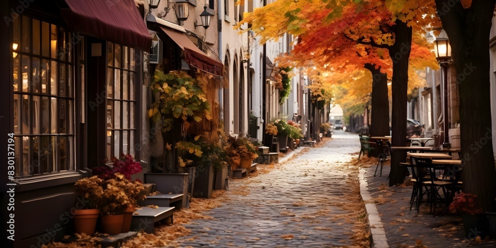 Fototapeta premium Autumn Charm: Cobblestone Street in Quaint Town Adorned with Fall Decorations. Concept Autumn Charm, Cobblestone Street, Quaint Town, Fall Decorations