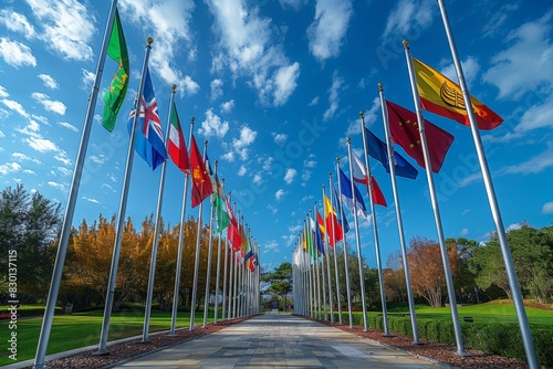 Picture depicting a tranquil path flanked by a collection of vibrant national flags under a clear blue sky