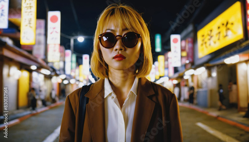 photo of beautiful asian woman in yellow outfit at asian street night market , generative AI © Flash