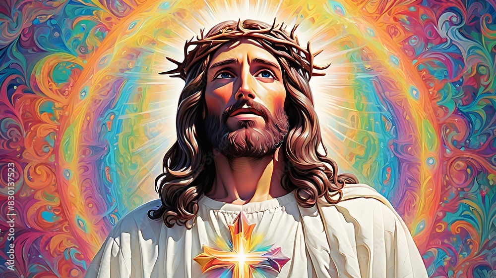 Fototapeta premium Jesus Christ's illustration portrait looking to sky with holy colorful lights around him making a majestic scene.