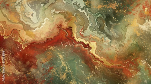 Autumn design with red green ochre marbling glittering accents and misty textures wallpaper