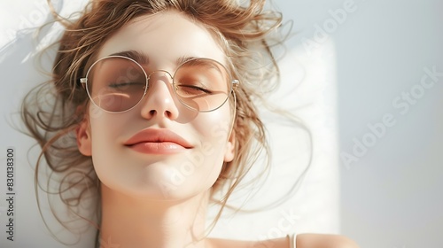 Embracing the tranquility of sunbathing, a woman's expression radiates happiness, her eyes closed in bliss as she enjoys the moment, isolated on a pristine white background