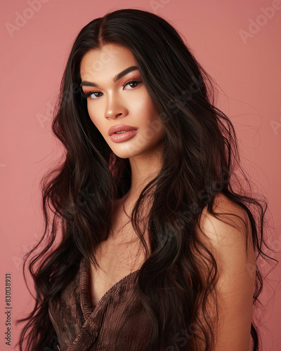 Glamorous woman, trans diva red lips and golden makeup. Elegant portrait with sparkling background