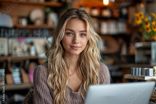 Young Blonde Woman Working on Laptop in Cozy Cafe Setting