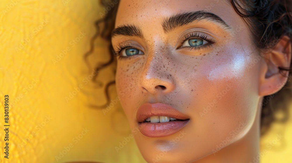 A close-up of a woman's glowing face skin, with a bright and cheerful yellow background