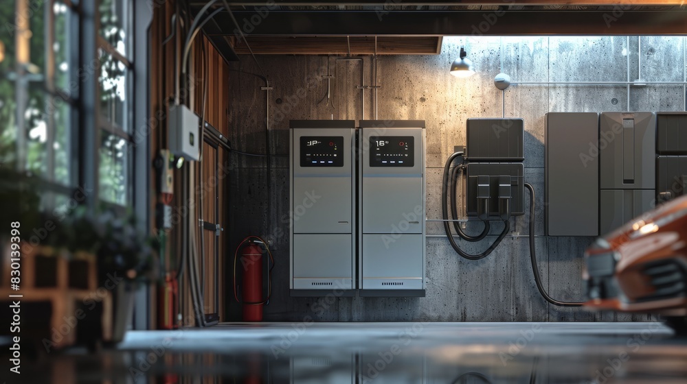 battery packs alternative electric energy storage system at home garage wall as backup or sustainable energy concepts battery packs alternative electric energy storage system at home garage wall as backup or sustainable energy concepts