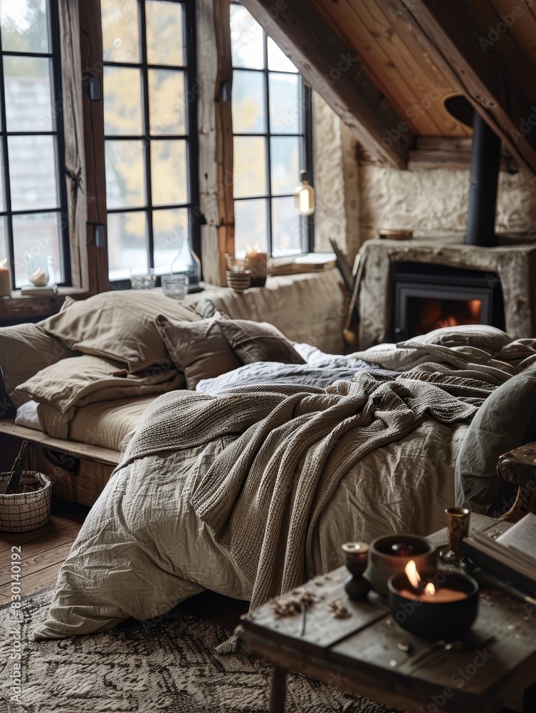 Cozy rustic bedroom with wooden beams, soft bedding, and a warm fireplace, perfect for a relaxing retreat in a cabin-like setting. Cozy rustic bedroom with wooden beams, soft bedding, and a warm fireplace, perfect for a relaxing retreat in a cabin-like setting.