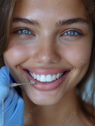 Close-up of a smiling woman with blue eyes having a dental check-up. The dentist is holding an instrument near her tooth.