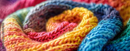 Closeup of colorful knitted fabric in rainbow colors.