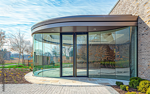 Curved glass door with a sleek, frameless design, capturing the beauty of the surrounding architecture.