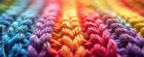 Closeup of rainbowcolored knitted fabric, with vibrant colors.