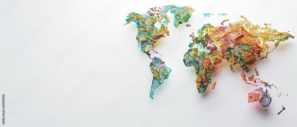 Colorful world map illustration with an artistic design on a white ...