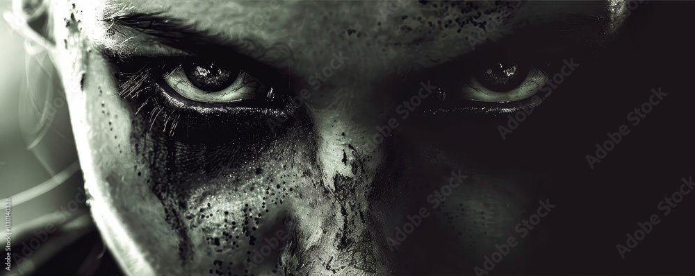 Intense close-up of a person with dramatic makeup and piercing eyes, creating a dark and mysterious atmosphere. Intense close-up of a person with dramatic makeup and piercing eyes, creating a dark and mysterious atmosphere.
