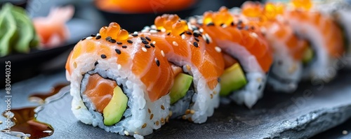 Sushi rolls with salmon, avocado and teriyaki sauce on a white plate A closeup of a delicious sushi roll in a restaurant, in the style of Canon EOS R5 photo photo