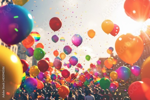 Colorful balloons float in the sky during a vibrant celebration, creating a joyful and festive atmosphere among the crowd.
