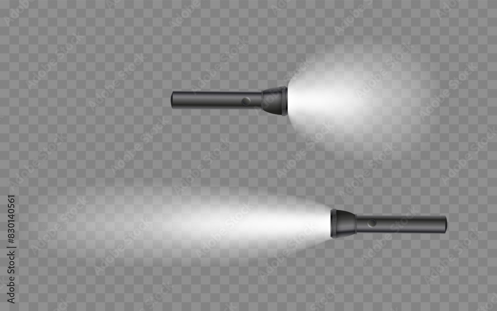 Flashlight on a transparent background. Shine lighting torch. Vector