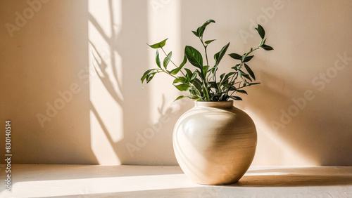 Minimalist scene: soft brown background, simple vase, light brown plant, clean decor.