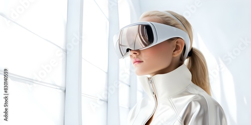 Woman wearing VR glasses exploring future technology. Concept Future Technology, Virtual Reality, Woman, Innovation, Exploration © Anastasiia