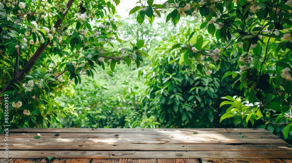 Tranquil Spring Scene with Lush Foliage, Flowering Branches, and Wooden Table in Garden Sunlight Tranquil Spring Scene with Lush Foliage, Flowering Branches, and Wooden Table in Garden Sunlight
