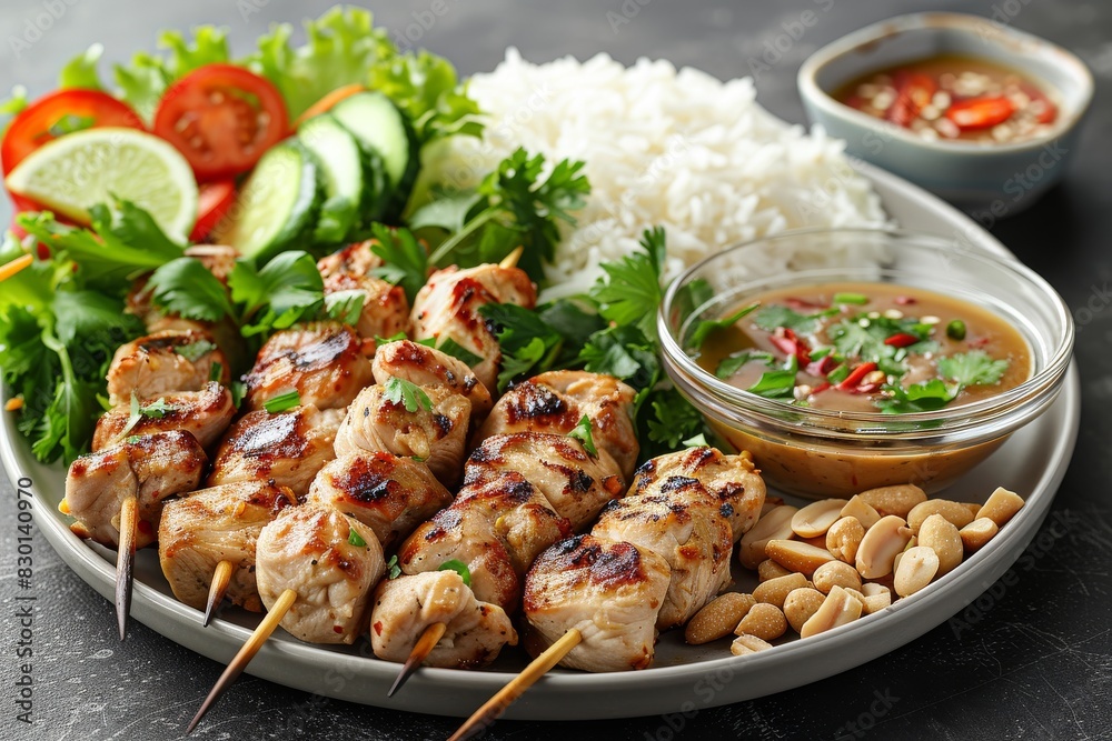 Fototapeta premium Plate of Chicken Skewers With Rice and Vegetables