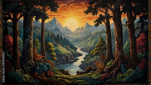 This image is of a forest with a river running through it. There are mountains in the background and the sun is setting. photo