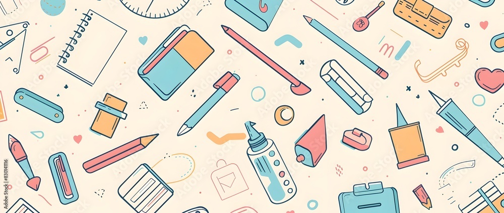 Assortment of office and school supplies on a wooden desk for educational and business use Assortment of office and school supplies on a wooden desk for educational and business use