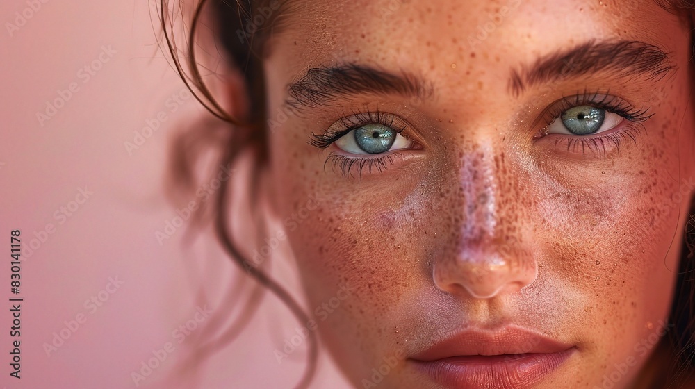 close-up of a woman's natural, glowing face skin, highlighting her beauty close-up of a woman's natural, glowing face skin, highlighting her beauty