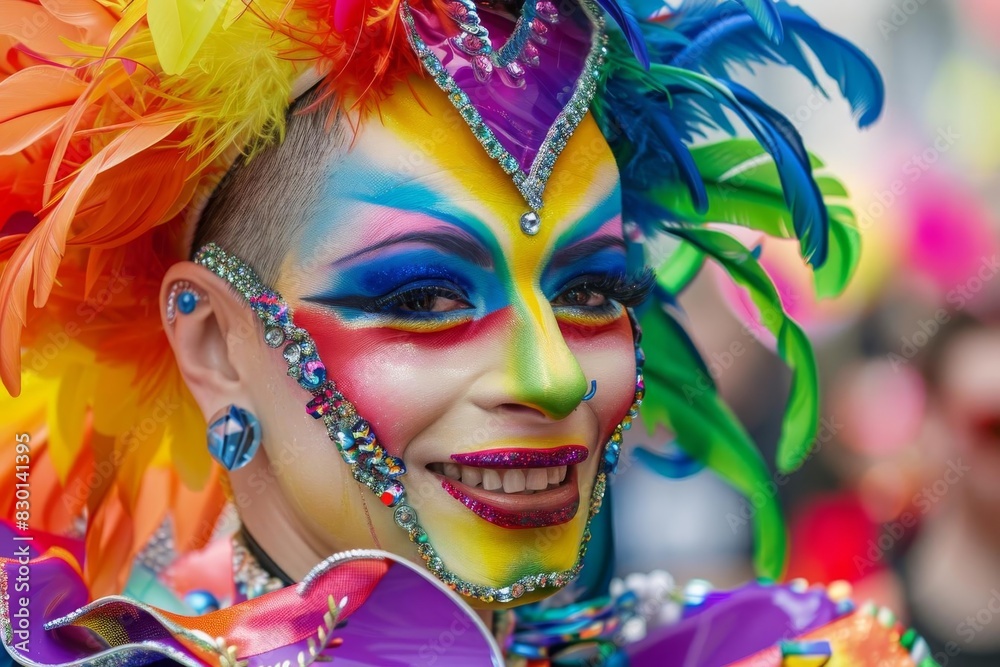 Vibrant portrait of a smiling person in colorful, extravagant makeup and costume, adorned with feathers and jewels during a festive parade.