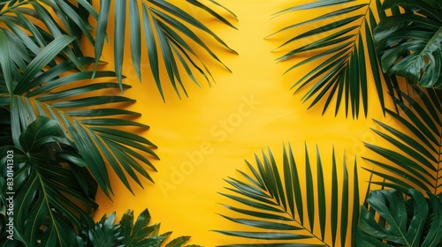 Bright yellow background with tropical green palm leaves perfect for summer theme Room for text Flat lay composition