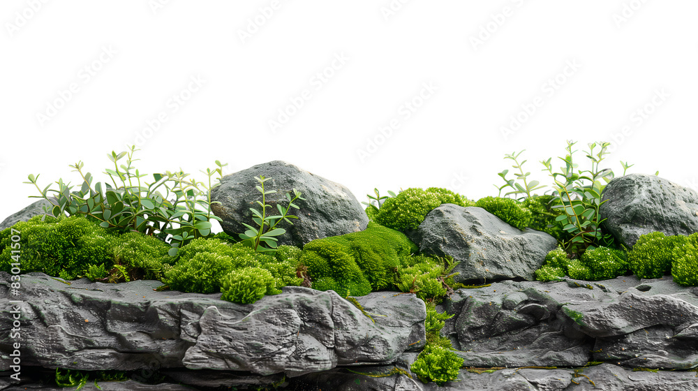 Green moss on rocks in a natural landscape on transparent background. Green moss on rocks in a natural landscape on transparent background.