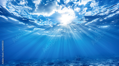 Panoramic underwater view of paradisiacal beach. No people. Blue transparent seawater with sun rays. Idyllic vacation environment. Summer background