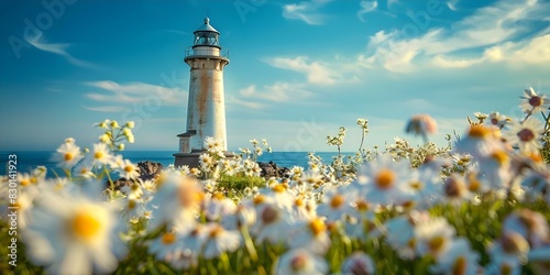 A picturesque scene of a lighthouse surrounded by spring blooms. Concept Travel Photography, Lighthouse Scenery, Spring Blooms, Landscape Portrait, Coastal Beauty