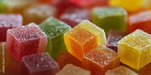 close up jelly cube with sugar coated mix colors and flavors, sweet background