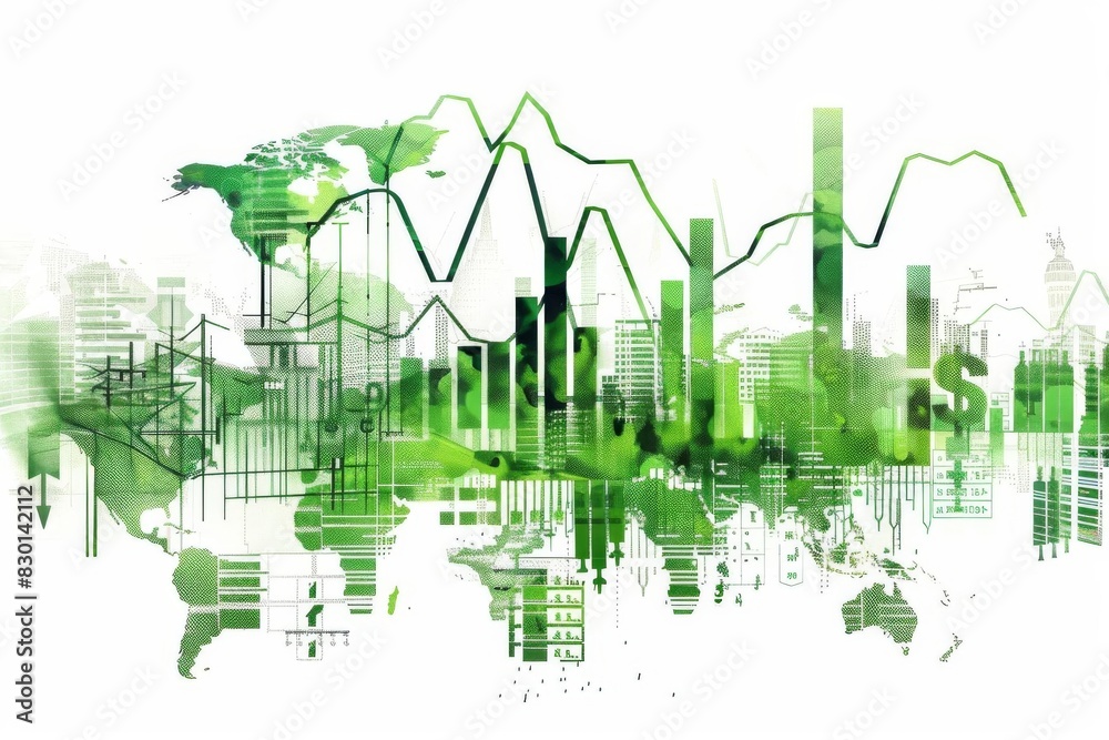 Abstract green finance concept with world map, stock charts, and bar graphs representing global economics and market trends.