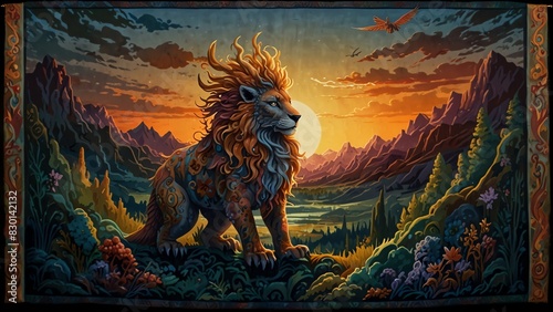 The image is a painting of a lion standing on a rock in front of a mountain range photo