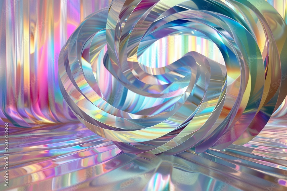A mesmerizing 3D render featuring a swirling array of abstract shapes set against an iridescent background. 