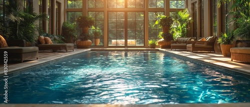 beautiful indoor swimming pool with houseplants and garden view 