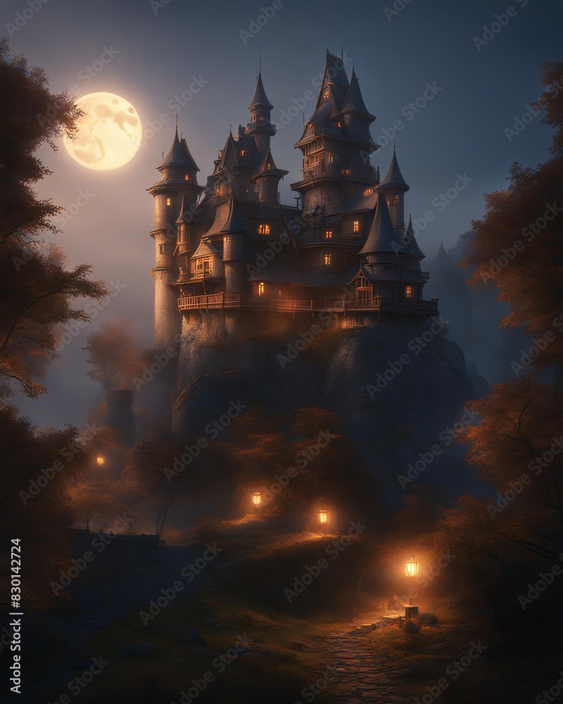 Naklejka premium Intricate and grandiose castle with multiple spires and towers reaching towards the sky, Generative AI.