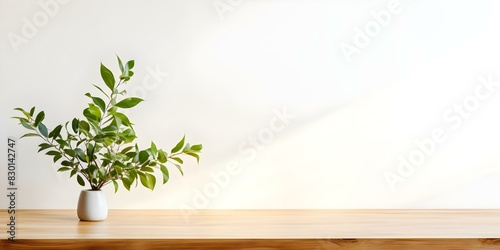 Wooden Table with Greenery and Sunlight Shadows Against White Wall. Concept Minimalist Decor  Natural Light Photography  Indoor Plant Aesthetics  Bright and Airy Spaces