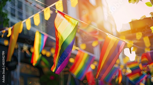 Celebrating Diversity in the City - Colorful Pride Flags and Decorations in Urban Landscape with Copy Space